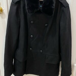 Express Men's Black Peacoat with Fur Collar